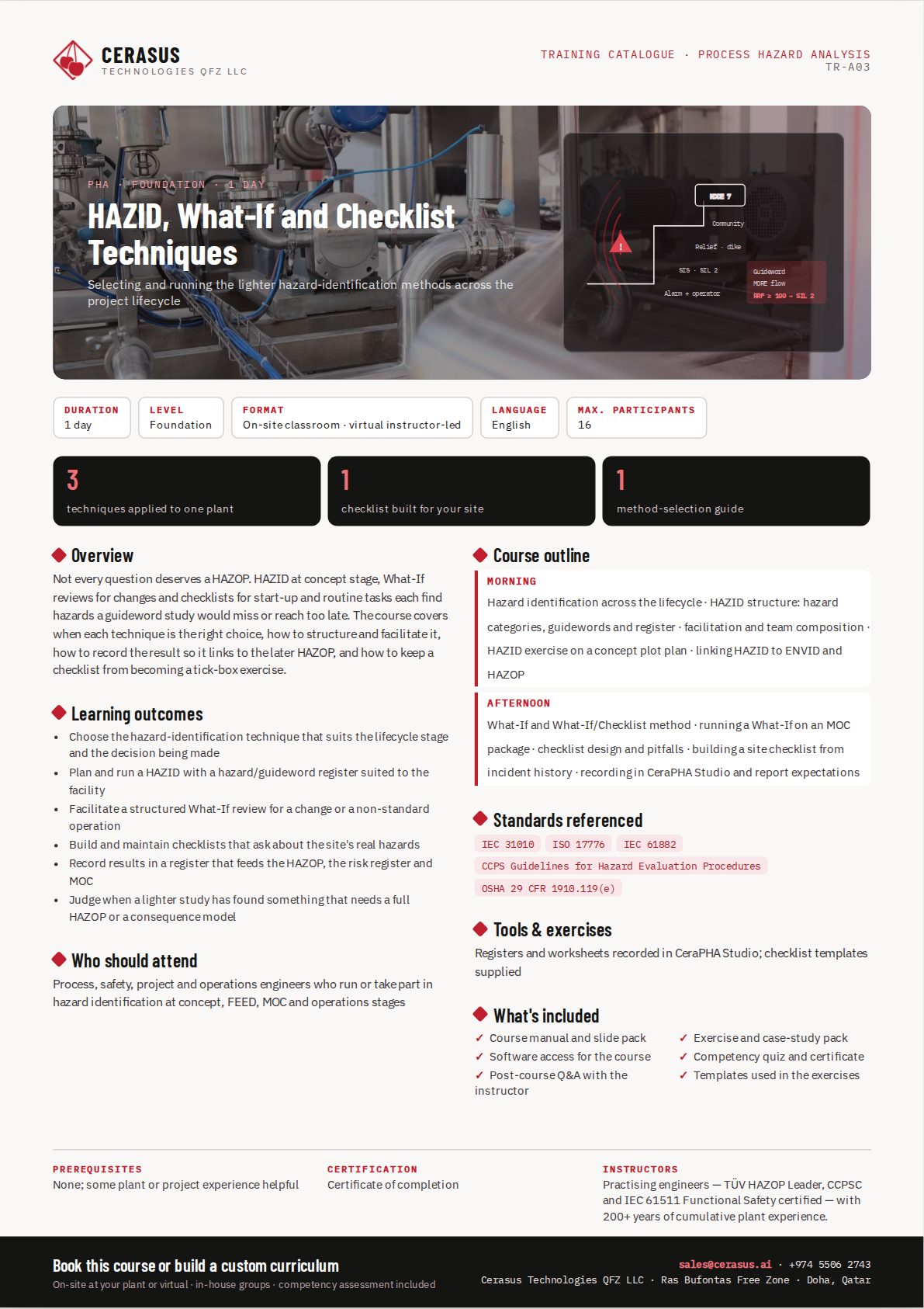HAZID, What-If and Checklist Techniques — one-page course flyer