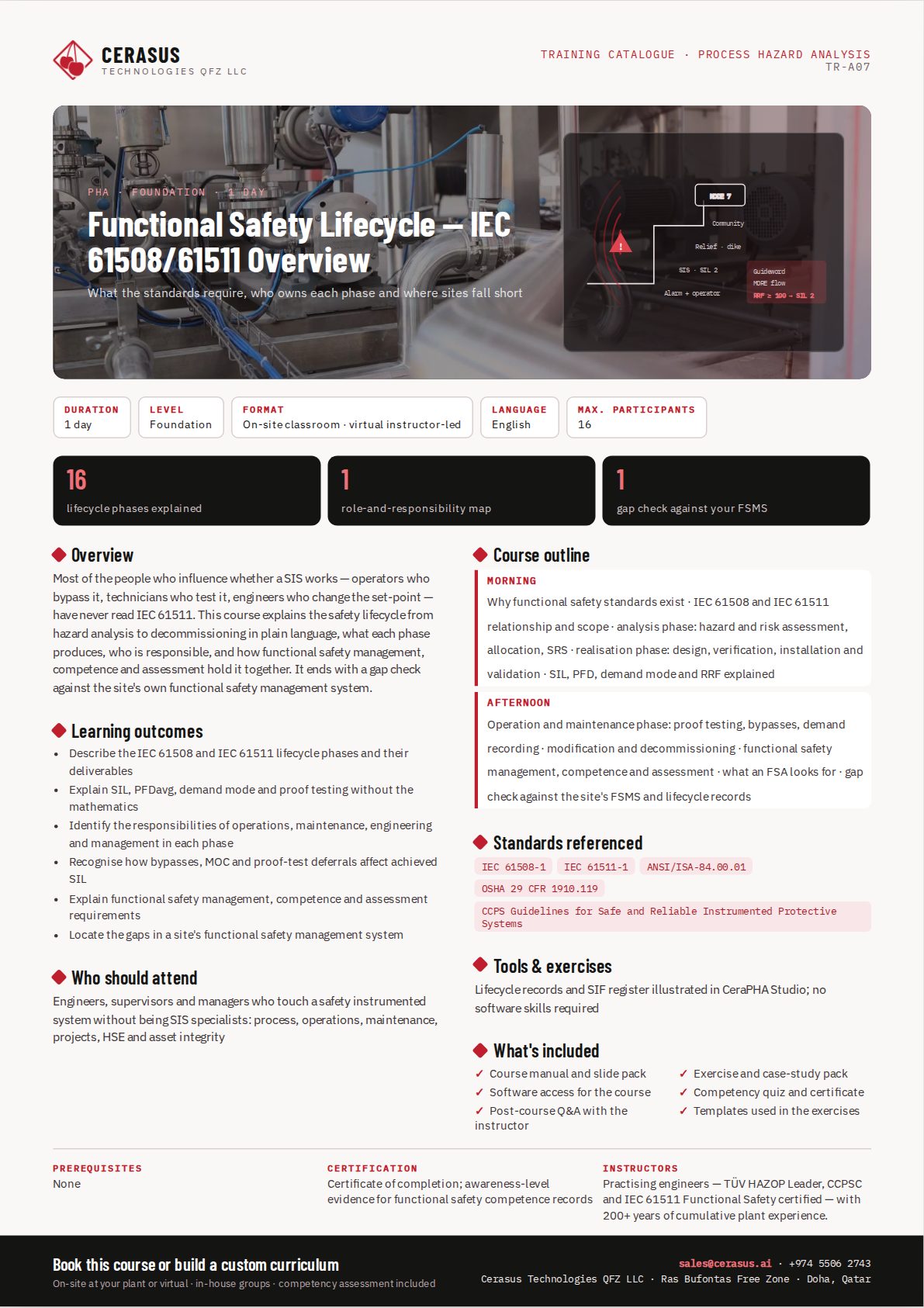 Functional Safety Lifecycle — IEC 61508/61511 Overview — one-page course flyer