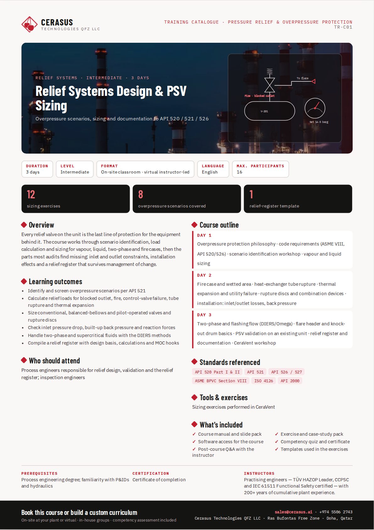 Relief Systems Design & PSV Sizing — one-page course flyer
