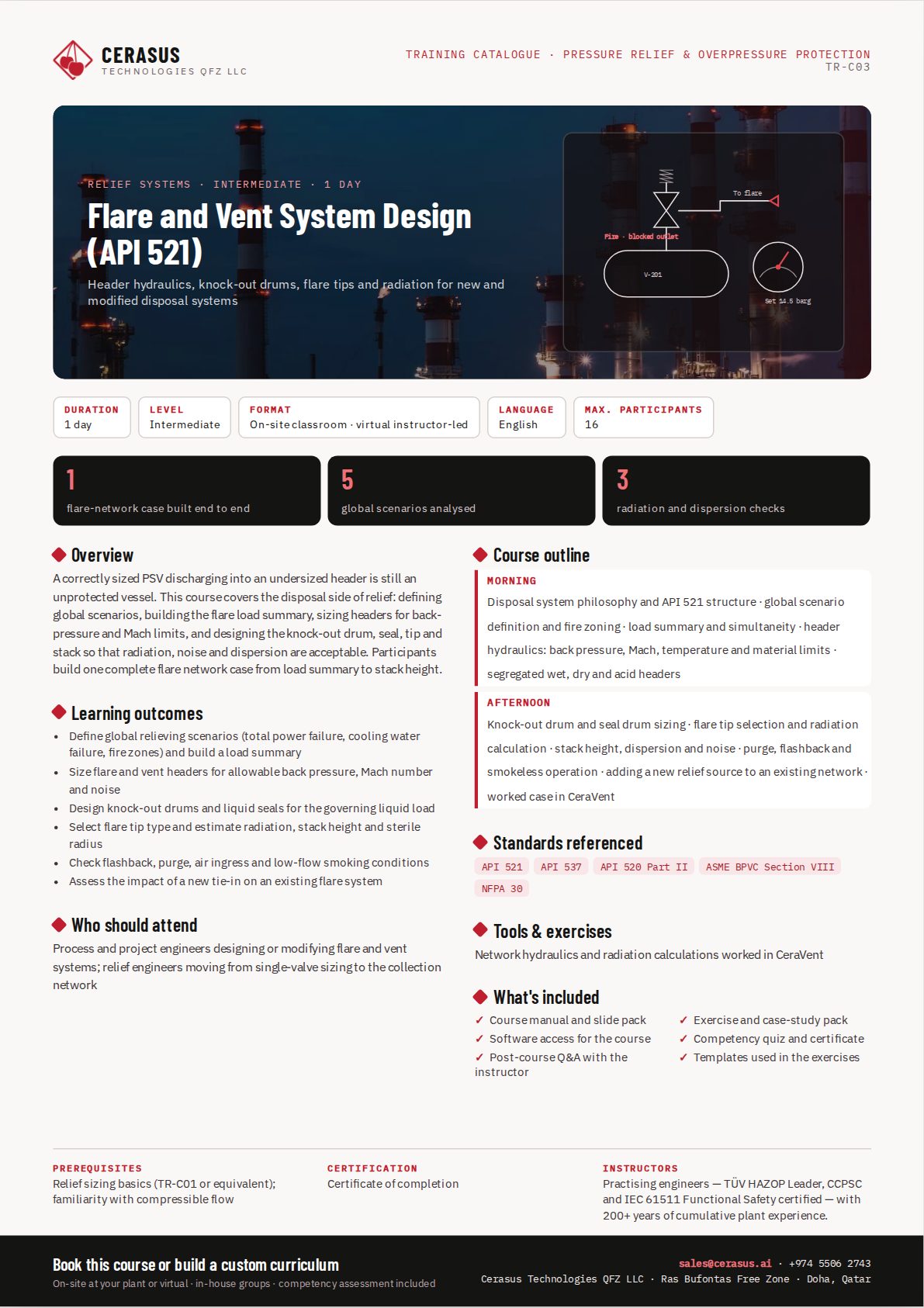 Flare and Vent System Design (API 521) — one-page course flyer
