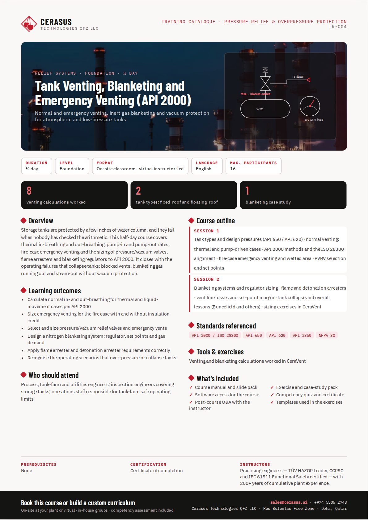 Tank Venting, Blanketing and Emergency Venting (API 2000) — one-page course flyer