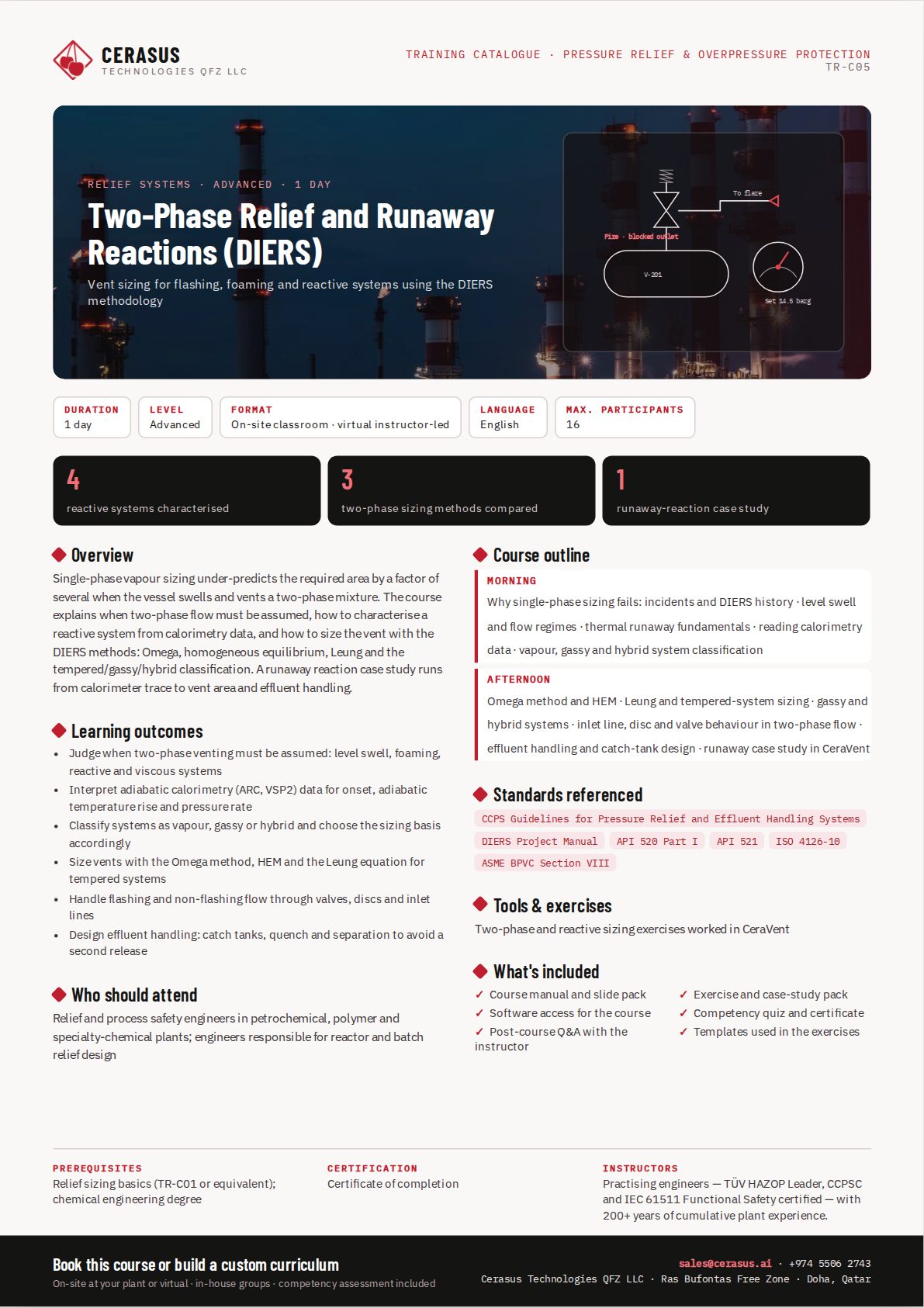 Two-Phase Relief and Runaway Reactions (DIERS) — one-page course flyer