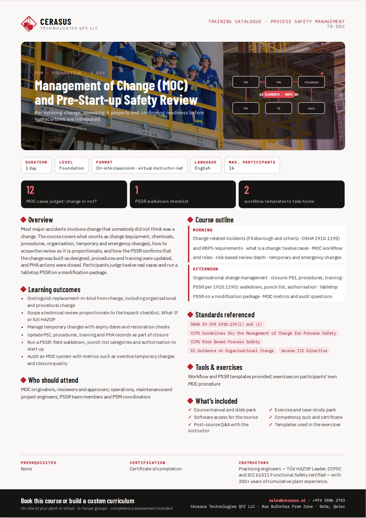 Management of Change (MOC) and Pre-Start-up Safety Review — one-page course flyer