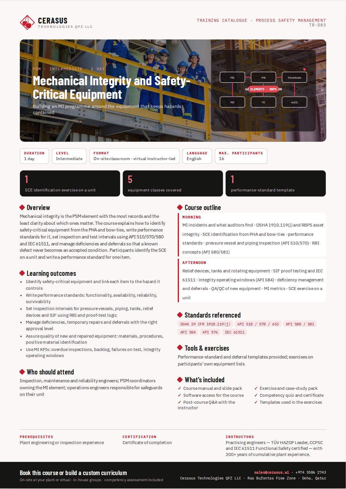 Mechanical Integrity and Safety-Critical Equipment — one-page course flyer