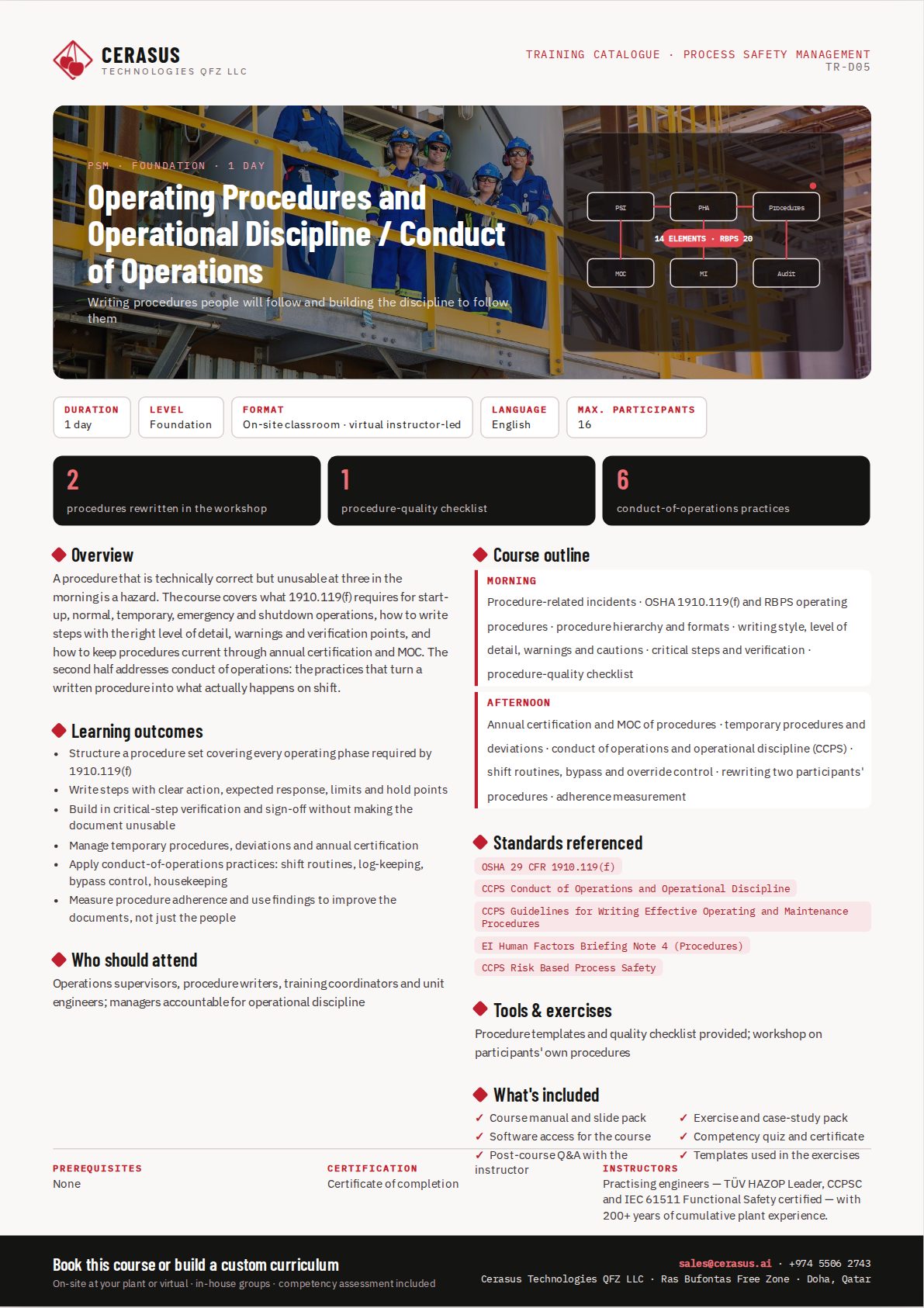 Operating Procedures and Operational Discipline / Conduct of Operations — one-page course flyer