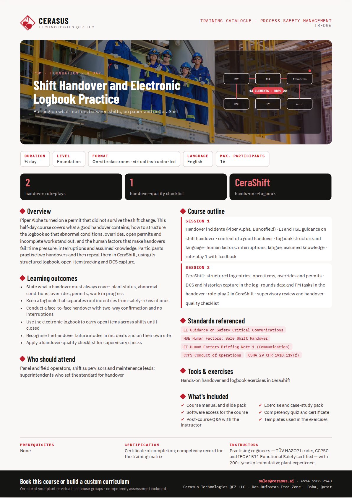 Shift Handover and Electronic Logbook Practice — one-page course flyer