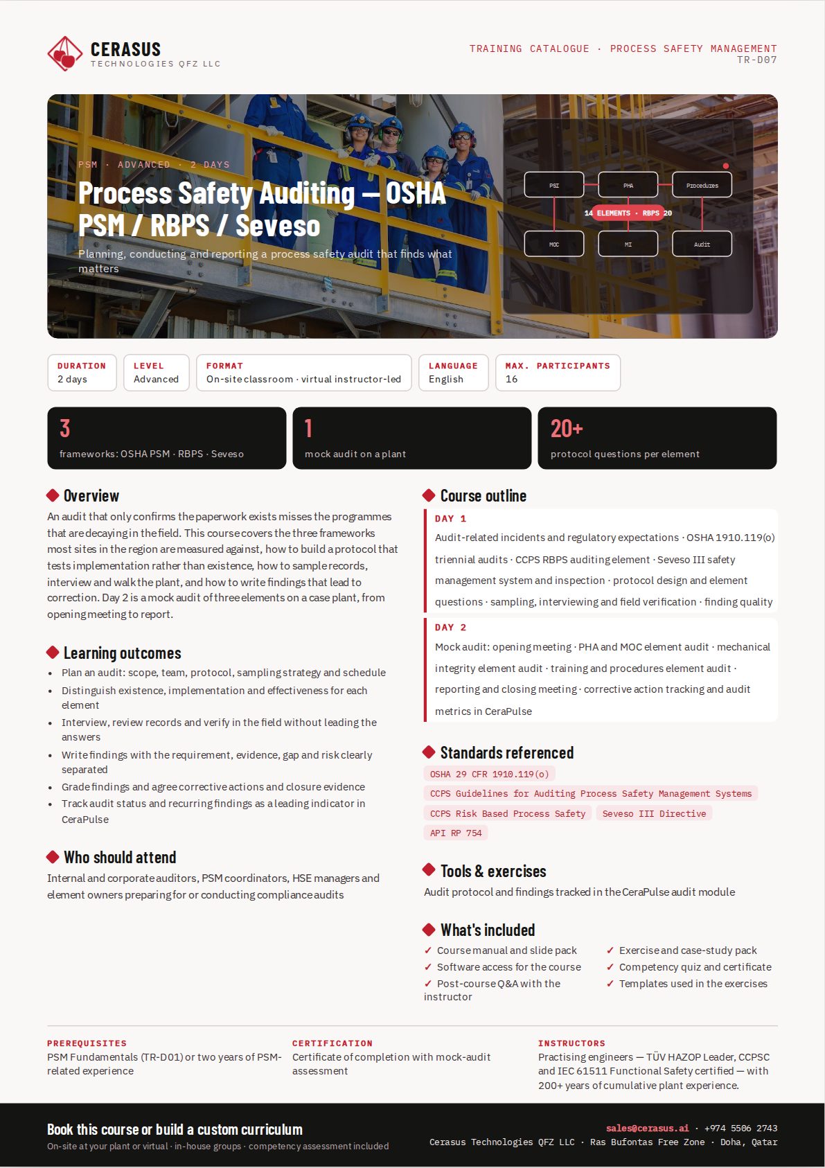 Process Safety Auditing — OSHA PSM / RBPS / Seveso — one-page course flyer