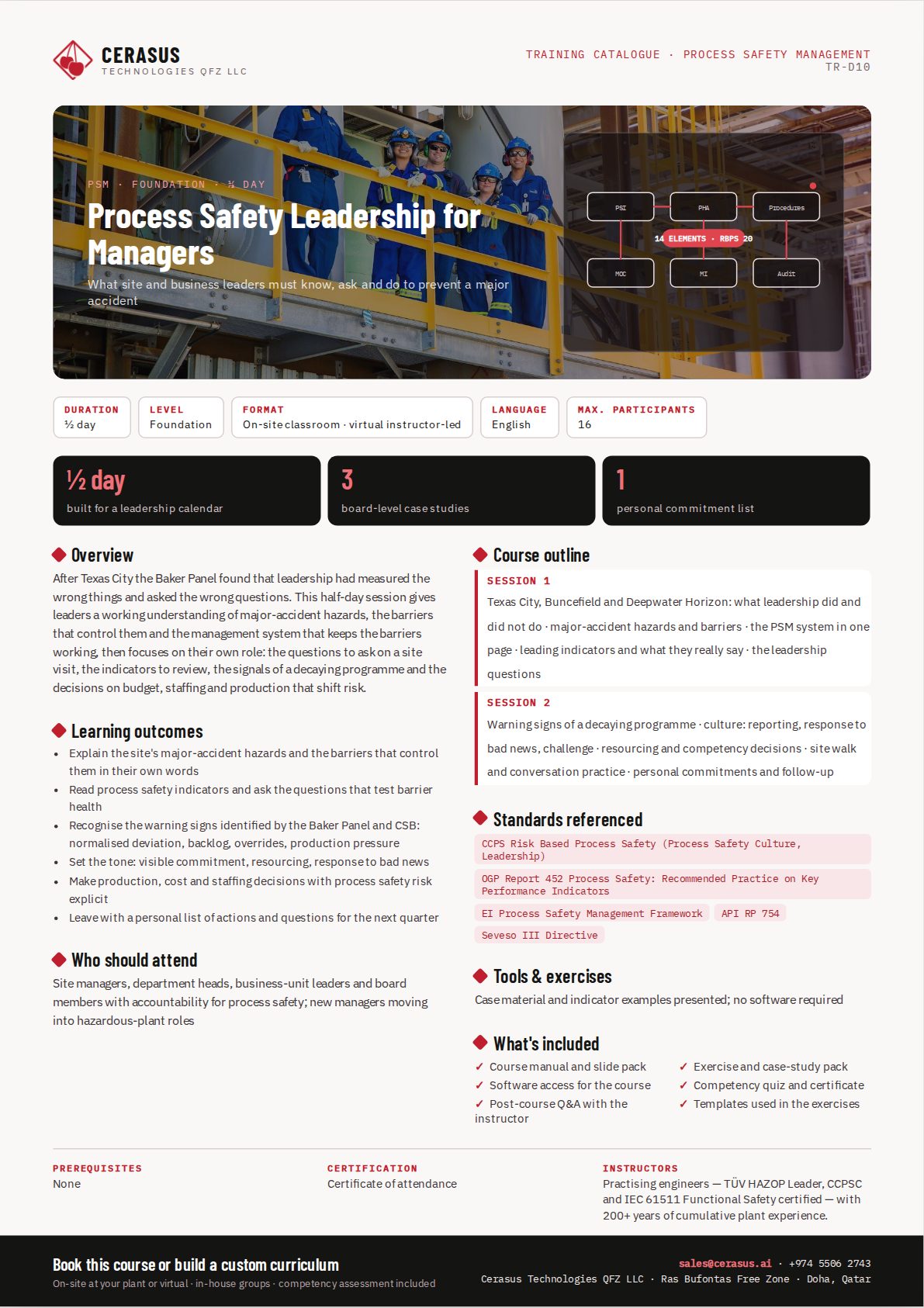 Process Safety Leadership for Managers — one-page course flyer