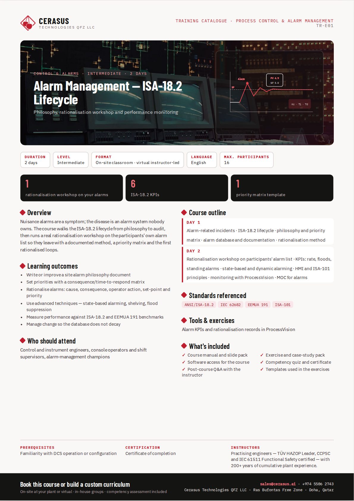 Alarm Management — ISA-18.2 Lifecycle — one-page course flyer