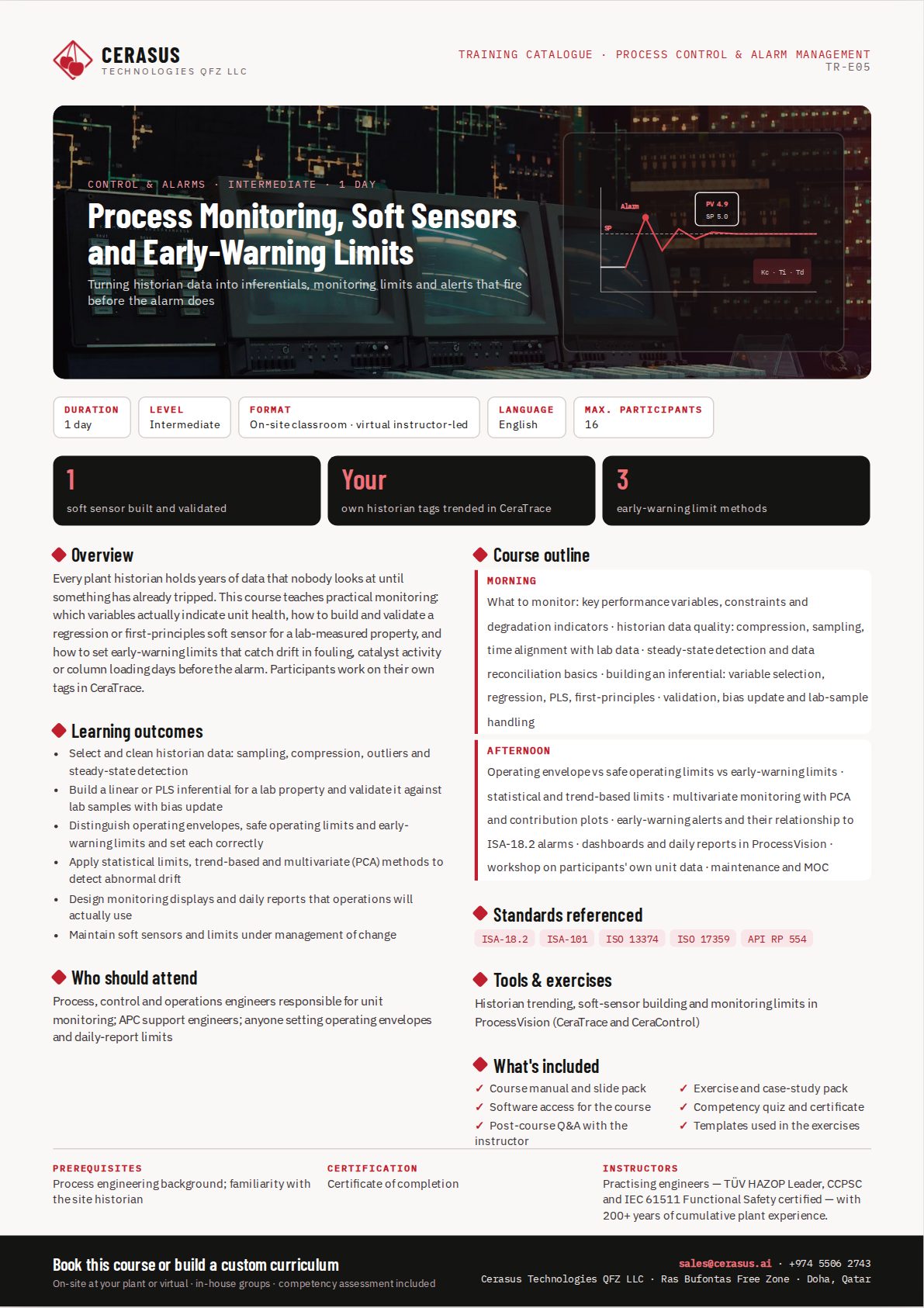 Process Monitoring, Soft Sensors and Early-Warning Limits — one-page course flyer