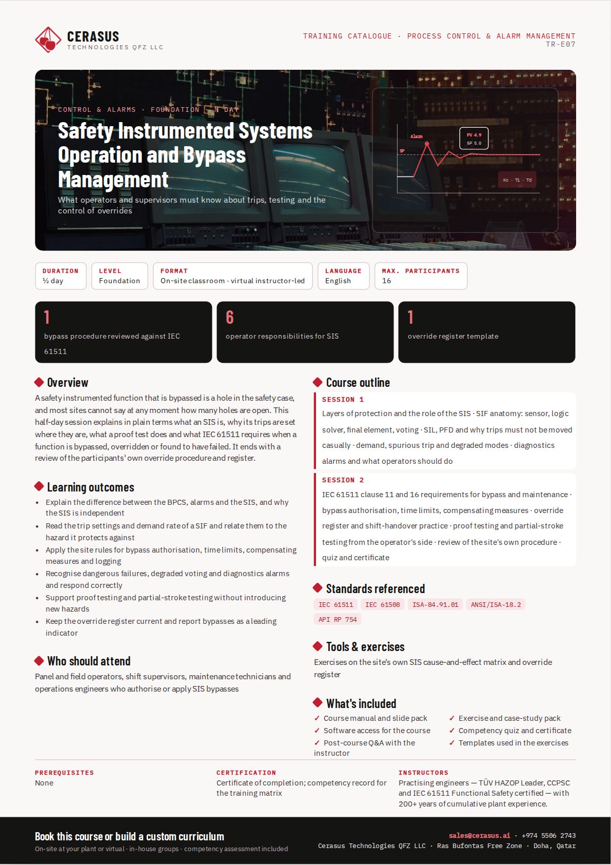 Safety Instrumented Systems Operation and Bypass Management — one-page course flyer