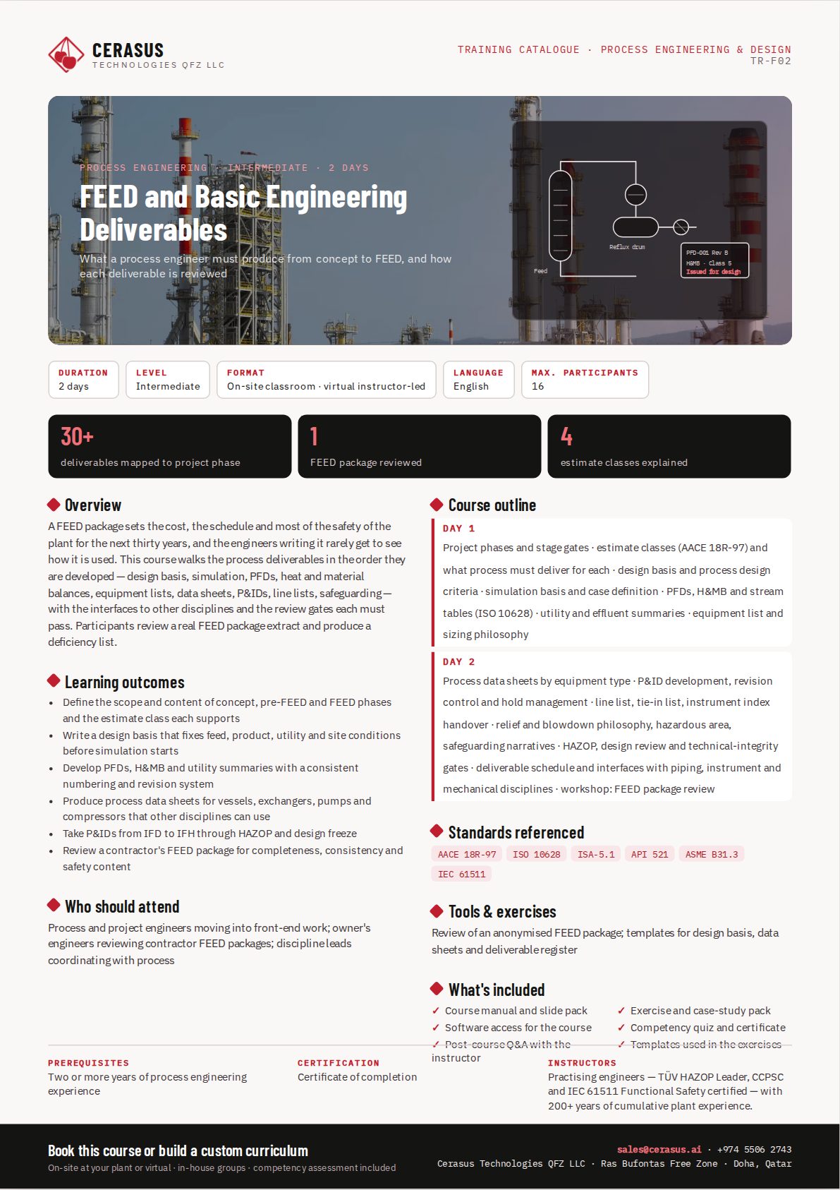 FEED and Basic Engineering Deliverables — one-page course flyer