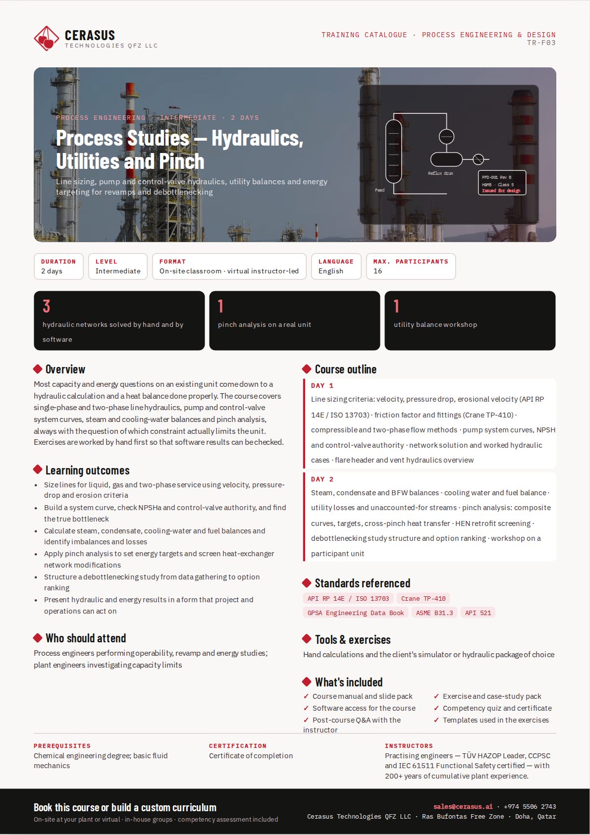 Process Studies — Hydraulics, Utilities and Pinch — one-page course flyer