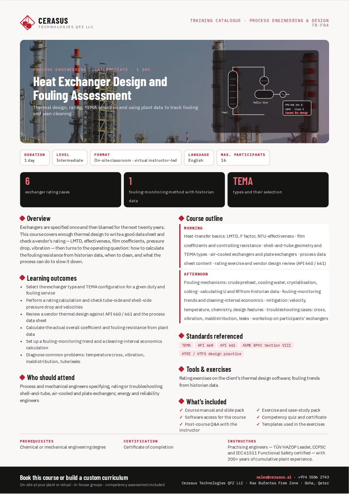 Heat Exchanger Design and Fouling Assessment — one-page course flyer