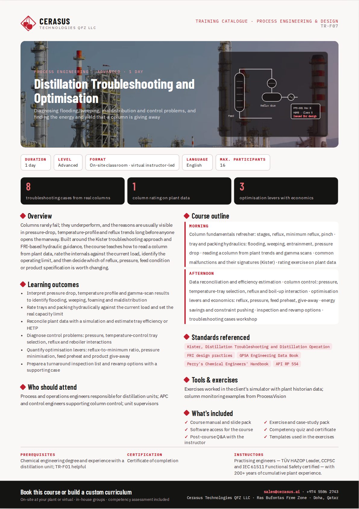 Distillation Troubleshooting and Optimisation — one-page course flyer