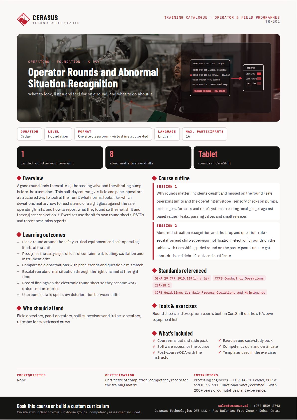 Operator Rounds and Abnormal Situation Recognition — one-page course flyer