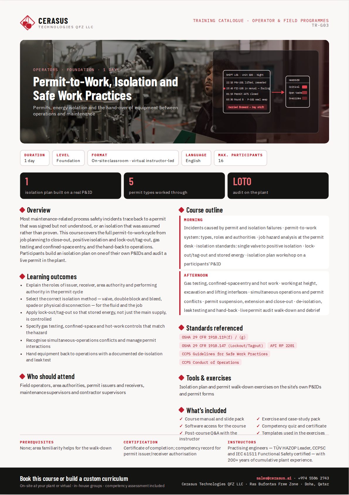 Permit-to-Work, Isolation and Safe Work Practices — one-page course flyer