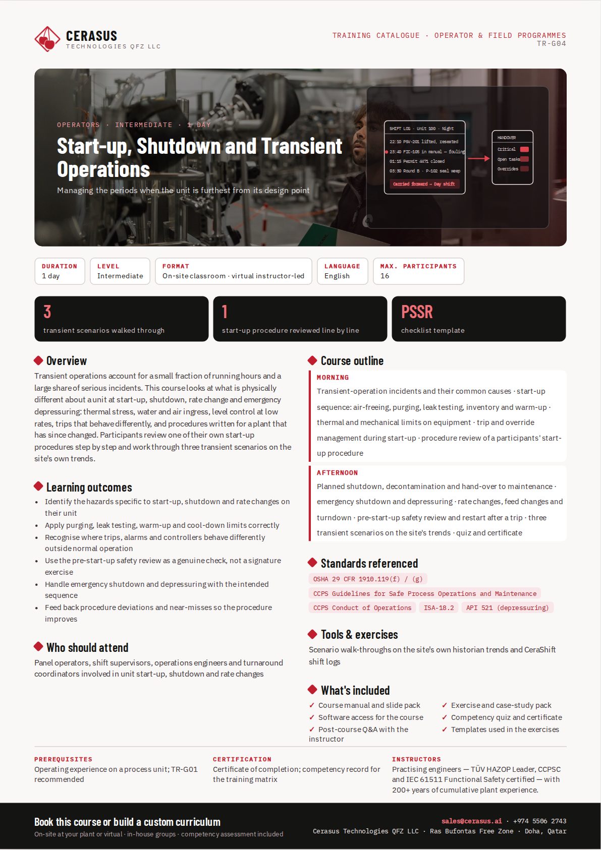 Start-up, Shutdown and Transient Operations — one-page course flyer