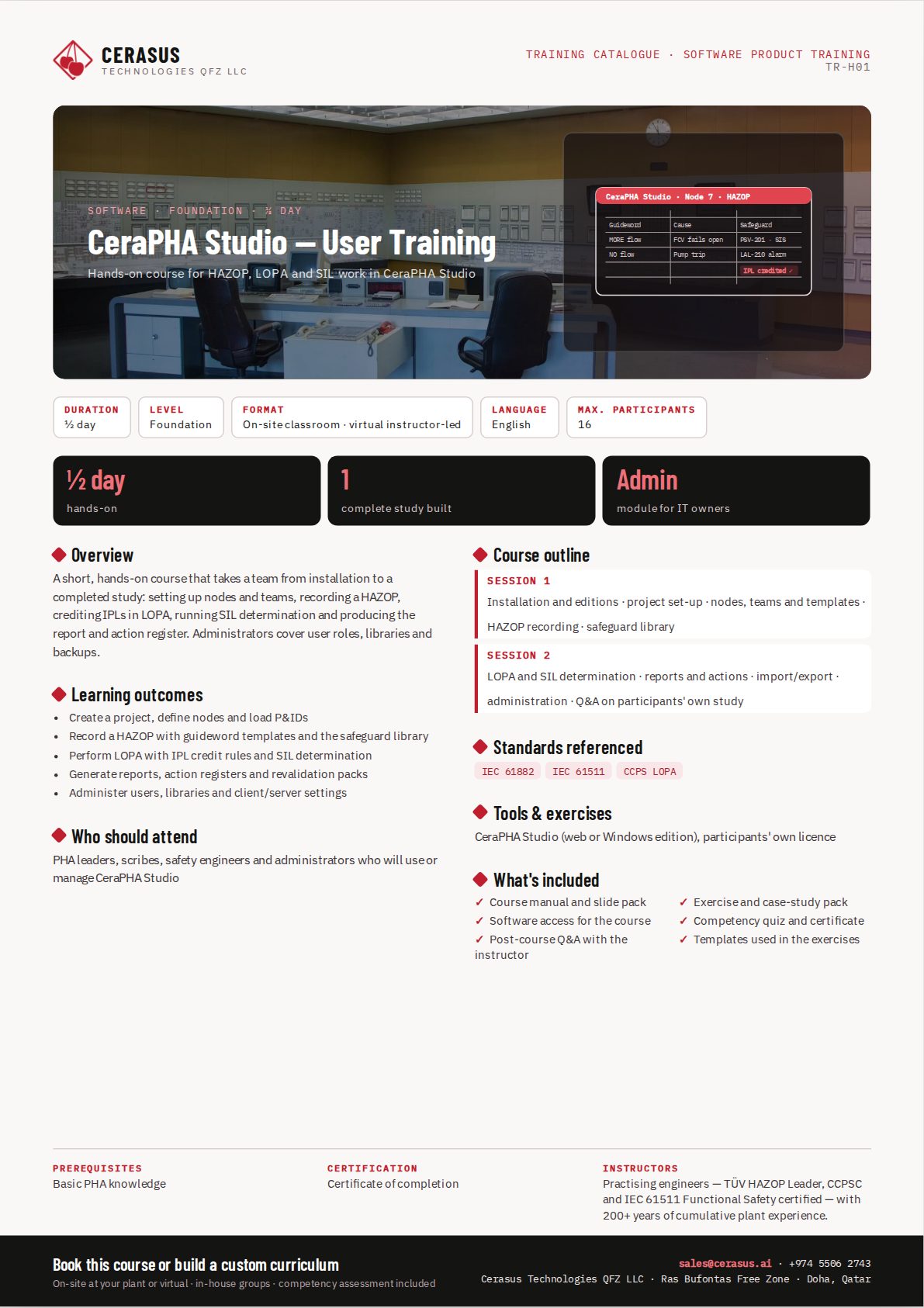 CeraPHA Studio — User Training — one-page course flyer